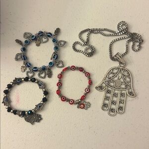Silver Hamsa Jewelry Set with Red Blue and Black Beads